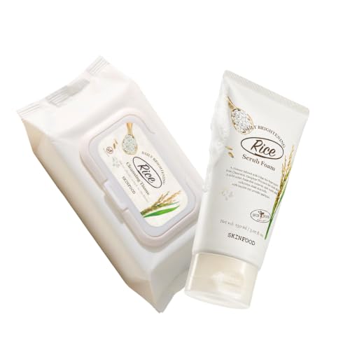 SKINFOOD Rice Cleansing Tissue & Rice Daily Scrub Foam Bundle, Korean Rice Facial Cleansing Set, Makeup Remover Wipes and Exfoliating Face Wash, Gentle Rice Bran Scrub Cleanser, Daily K-Beauty