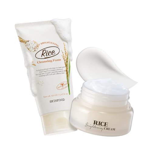 SKINFOOD Rice Daily Cleansing Foam & Face Cream Bundle, Korean Skincare Set, Facial Cleanser and Moisturizer, Gentle Bran Cleansing Foam, Fermented Rice Complex Face Cream, Hydrating