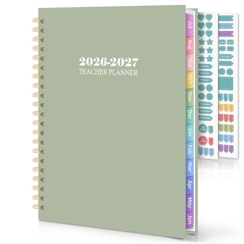 SKYDUE Teacher Planner 2026-2027 Academic Year, 8.5" x 11" Teacher Lesson Planner with Monthly Tabs & Stickers, Lesson Plan Book 26-27, Green