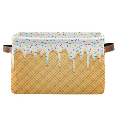 Sletend Foldable Canvas Storage Basket with Handles Ice Cream Durable Storage Bin Organizer for Nursery Kids Shelves Desks Printed Canvas Storage Basket