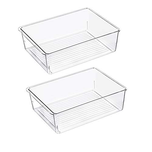 Slideep Kitchen Freezer Food Storage Bin, Plastic Refrigerator Organizer Fridge Storage Containers for Fruit, Yogurt, Snacks, Pasta 11'' 2 Pack