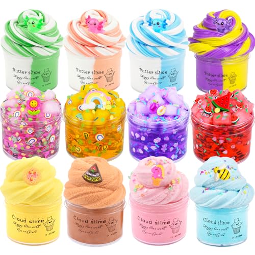 Slime Kit 12 Pack, with 4 Jelly Cube Crunchy Slime and 4 Cloud Slime and 4 Butter Slime, Soft and Non-Sticky, DIY Slimes Toys for Girls Boys, Kids Stress Relief Toy, Birthday Favor, Party Favors