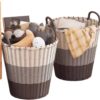 Small Rattan‑Look Woven Storage Basket, Plastic Round Bin with Carry Handles