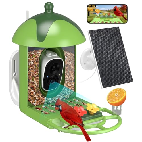 Smart Bird Feeder with Camera Outdoor Birdhouse: AI Identifies 11000+ Species, 2K HD with Arrival Alerts, Attracts Hummingbirds, Dual Squirrel-Proof, Solar Powered, Gifts for Bird Lovers Mom Dad
