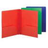 Smead Plastic 2 Pocket Folders with Pockets & Prongs, Red Blue Green 3 Pack