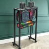 SOBS Multi‑Function Rolling Sports Paddle Storage Cart, Metal Freestanding Holder with Mesh Ball Basket for Ping Pong Pickleball Paddles Balls for Club Game Room Home Gym