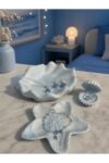 SODEF Blue Seashell & Starfish Jewelry Set Stand - Decorative Organizer for Rings, Necklaces, Earrings - Handmade Stone Powder - 3 Pieces - Blue