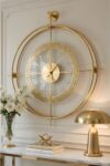 SODEF Gold Metal Wall Clock 19.7 x 23.6 in Modern Design with LED Light Real Glass Mirror Effect Quartz Movement for Living Room - Gold Transparent