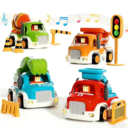 soi-meme 4 Pack Car Toys for Toddler 1-3 Year Old Boys,Push-and-Go Friction Powered Cars with Lights & Music,Truck Roadblock Toys Set,Gifts for 1+ Year Old Baby Boy Girl