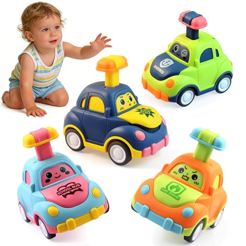 soi-meme 4 Pack Press and Go Car Toys for Toddlers 1-3 Year Old Boys, Easy Push Down Action, Certified CPSC- Learning Cause Effect Toddler Toy, Gifts for 1+ Year Old Baby Boy Girl