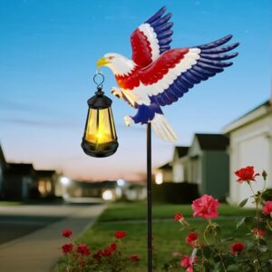 Solar Garden Lights Eagle Decor, Patriotic Stake with Lantern, Waterproof