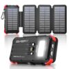 Solar Power Bank 20000mAh with 4 Panels, Portable Solar Charger with Build-in 3 Cables for iPhone, USB C in/Output Fast Charging External Battery Pack with Flashlight & Camping Light