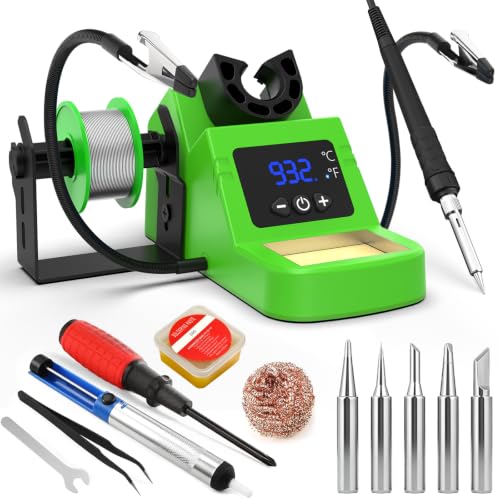 Soldering Station, Digital Soldering Iron Kit with 2 Helping Hands, 356°F-932°F (180°C-500°C), Auto Sleep, °C/°F, Ceramic Heater, Solder Wire, 5 Tips, Solder Sucker, Tweezers, Tip Cleaner, Grass Green