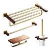 Solid Wood Walnut Towel Rack Bathroom Shelf Brushed Gold Hanging Rod Wall Set