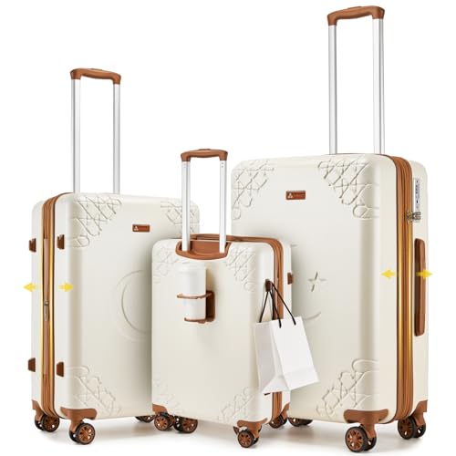 Somago 3 Piece Expandable Luggage Set with Brake Wheels & Cup Holder, 20/24/28 Inch Hardside Spinner Suitcase Set with TSA Lock, Star Moon Pattern Travel Collection for Family Vacation,White Glitter