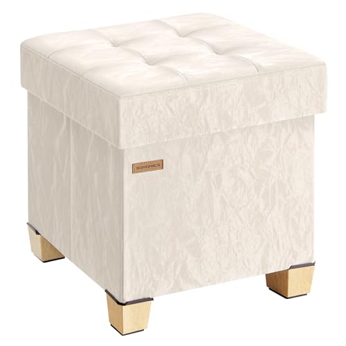 SONGMICS Storage Ottoman, Textured PU Leather Footstool with Legs, Footrest with Cushion, for Living Room and Bedroom, 15 x 15 x 15.7 Inches, White, Minota Collection ULSF523WD01