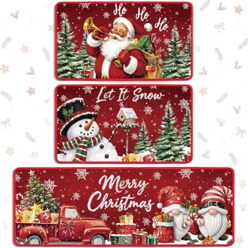 Sonwyoung 3 Pcs Christmas Kitchen Rugs and Mats Set, Red Xmas Non Slip Floor Mats, Waterproof Runner Rug with Santa, Snowman & Christmas Tree for Winter Kitchen Bathroom Door Party Decor