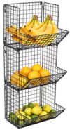 Sorbus Hanging Fruit Basket Wall Mounted Wire Metal Bins - 3 Tier Storage Basket Organizer for Kitchen Storage, Great for Produce Fruits & Vegetables, Potato Onion Storage Bathroom Tower (Black)