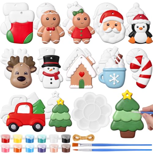 Soulchen 24 Sets Christmas Ceramic Painting Kit DIY Ceramic Paint Your Own Xmas Plaster Santa Snowman Gingerbread Man Crafts Ornaments -Christmas Coloring Crafts for Kids DIY Paint Activity Set
