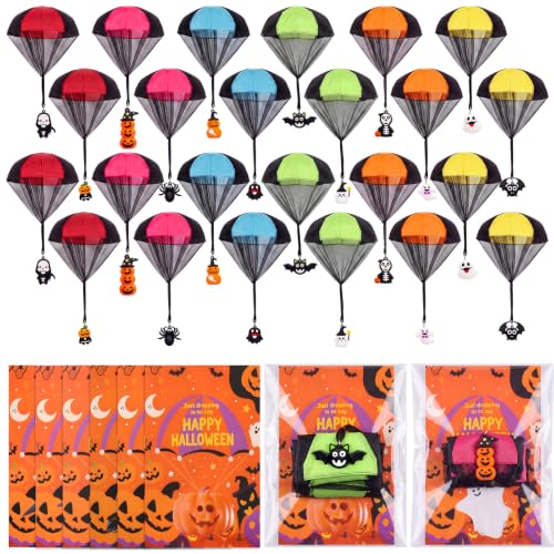 Soulchen 24 Sets Halloween Parachute Toys Include 24 Parachutes 24 Halloween Ornaments 24 Thank You Cards and 24 Plastic Bags Tangle Free Outdoor Flying Parachute for Party Favors Gifts