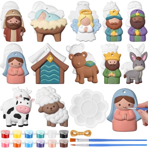 Soulchen 24 Sets Nativity Scene Ceramic Painting Kit DIY Religious Ceramic Paint Your Own Plaster Jesus Birth Theme Christmas Nativity Crafts Ornaments for Holiday DIY Paint Easter Activity Set