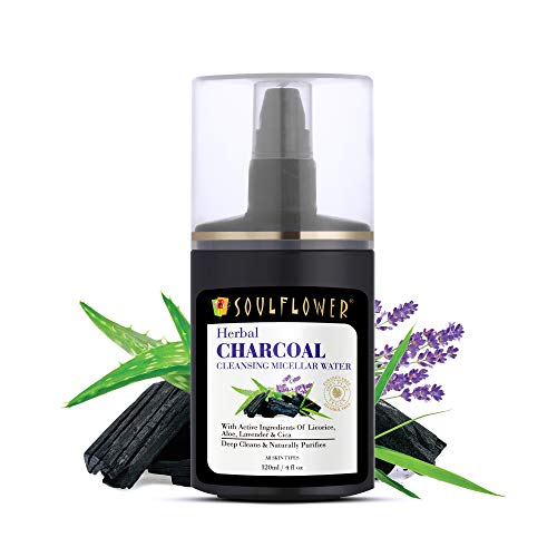 Soulflower Herbal Charcoal Cleansing Micellar Water With Ingredients Licorice, Aloevera, Lavender & Centella Asiatica - Soap Free Acne Cleanser/Make Up Remover/Excess Oil/Dirt - 120ml/ 4.05 Fl.Oz
