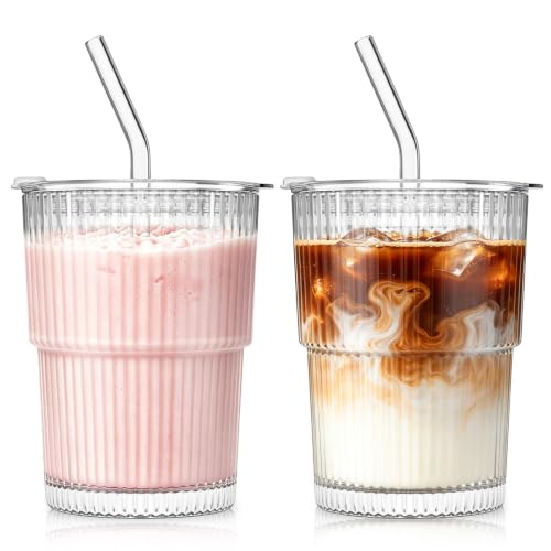 SoulTimes 13oz Ribbed Glass Tumbler with Lid and Straw – Iced Coffee Glasses Cups for Smoothie, Matcha, Juice, Water etc. Leakproof and Reusable Glassware Drinking for Travel To Go 【2 Pack】