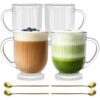 SoulTimes 16oz Glass Coffee Mugs with Handles and Spoon Set of 4 Ribbed Mug