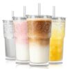 SoulTimes 20oz Ribbed & Floral Glass Tumbler with Lid and Straw – Iced Coffee Glasses Cups for Smoothie, Matcha, Juice, Water etc. Leakproof and Reusable Glassware Drinking for Travel To Go [4 Pcs]
