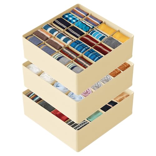 SpaceAid Sock Drawer Organizer Divider 3 Pack, 64 Cell Dresser Closet Nursery Underwear Organizers Storage Bins for Organizing Socks Underwear Ties Belts (Beige)