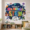 Space STEM Lab Whimsical Cartoon Teacher Elementary Classroom Tapestry