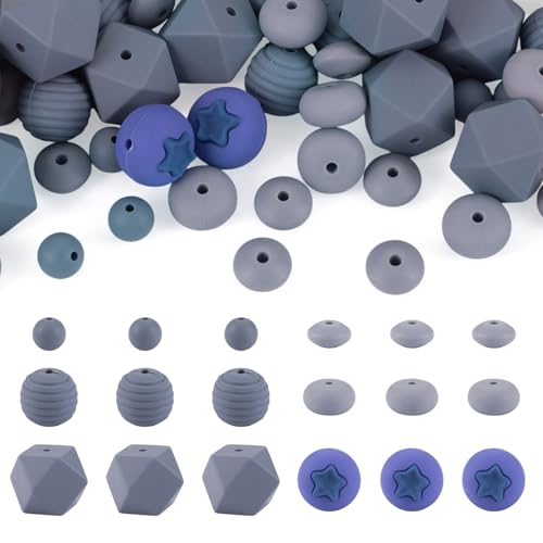 Sparkeads 60pcs Silicone Focal Beads Blueberry Flat Round Rondelle Octagon Loose Spacer Beads Bulk Gray Summer Fruit Food Theme for Pens Crafts Keychain Necklace Bracelet Jewelry Making Phone Lanyards