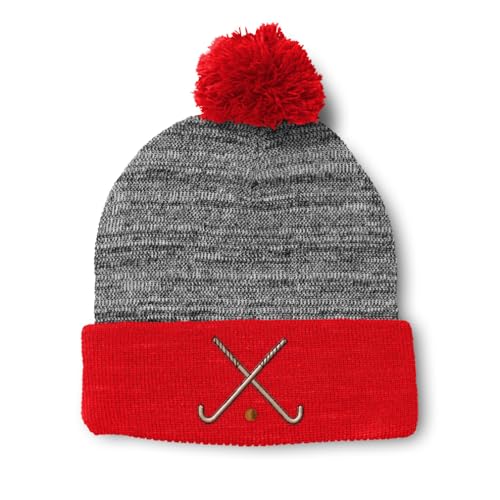 Speedy Pros Pom Pom Beanies for Women Field Hockey Sport A Embroidery Skull Cap Winter Hats for Men Acrylic 1 Size Heather Gray Red Design Only