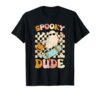 Spooky Dude Skateboarding Ghost Groovy Checkerboard T-Shirt