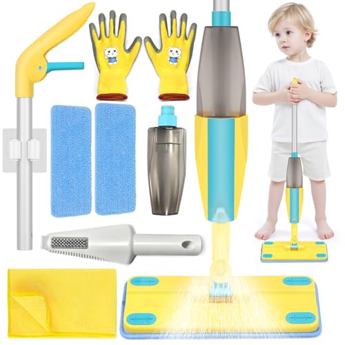 Spray Mop Kids Montessori Love Toy Set with Real Water Sprayer 3PCS Washable pads Squeeze Working Mini Size Kids Spray Mops Cleaning Toy Set That Really Work for Toddler 3-8 Floor Cleaning Dust