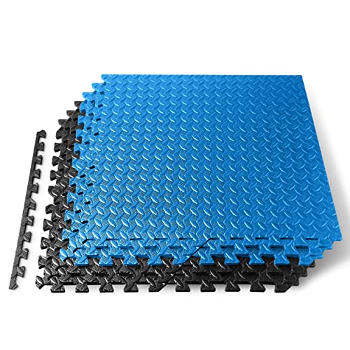 SQUATZ Thick Puzzle Exercise Mat, 6 Pcs EVA Foam Interlocking Tiles Protective Flooring for Gym Equipment and Cushion for Workouts, Durable Non-Skid Texture, Easy to Assemble, Blue and Black