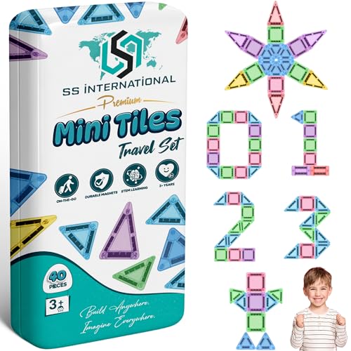 SS INTERNATIONAL Mini Magnetic Tiles 40 PCS Set for Kids | Travel Size Building Blocks with Metal Storage Box | STEM Educational Toys for Boys & Girls, Creative Construction Kit