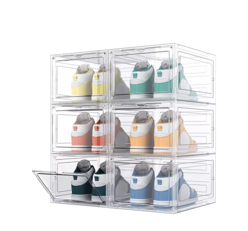 Stackable Clear Shoe Storage Boxes with Magnetic Front Door - Collapsible Shoe Organizer for Closet, Sneaker & Boot Storage, 6-Pack White,Virgin Plastic Material, Durable Household Shoe Storage Bins.