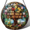 Stained Acrylic Jigsaw Puzzle Bookshelf Tree Suncatcher 7.4 in 83 Pieces Real Magic Library Floral Window Hanging Reading Nook Decor Tree of Knowledge Gift for Book Lovers Teacher Librarian