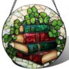Stained Acrylic Jigsaw Puzzle Book Suncatcher with Shamrock Vines Stacked Hardcover Books Window Hanging Decor Vibrant Jewel Tone Mosaic Book Lovers Teachers and Library Enthusiasts 7.4 in 83 Pieces