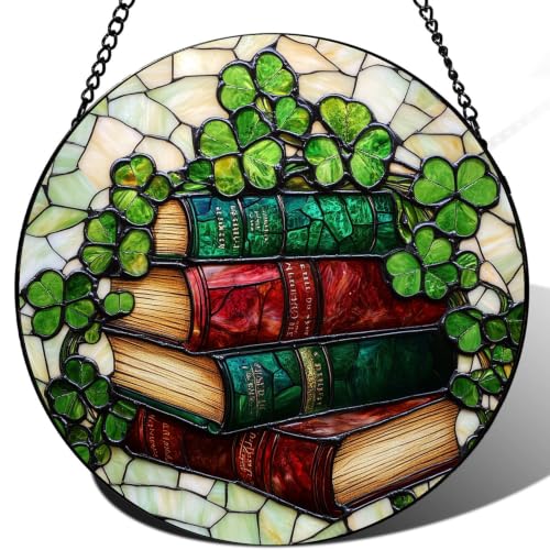 Stained Acrylic Jigsaw Puzzle Book Suncatcher with Shamrock Vines Stacked Hardcover Books Window Hanging Decor Vibrant Jewel Tone Mosaic Book Lovers Teachers and Library Enthusiasts 7.4 in 83 Pieces