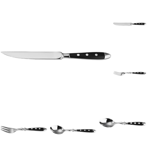 Stainless Steel 6 Piece Dinnerware Set, Silverware Cutlery with Black Bakelite Handles, Mirror Polished Forks, Spoon and Serrated Steak Knives, Ergonomic Tableware for Home Kitchen Parties