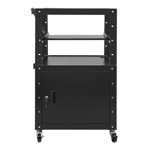 Steel Large AV Cart with Extra Storage, Pull-Out Laptop Tray, Adjustable Height Cart with Locking Cabinet, Pullout Tray, Power Strip and Cord Management, for Classrooms, Offices, Computer Rooms