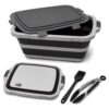 STOKE & STATION™ BBQ Prep Tub 16L Collapsible w/Lid, Cutting Board, Brush & Tweezer – Brisket Meat Resting Bin, Foldable Food Prep Container for Marinating w/Drain Plug, Camping & Grill – Black