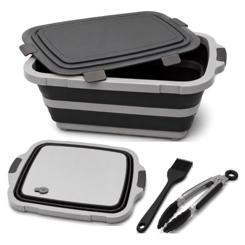 STOKE & STATION™ BBQ Prep Tub 16L Collapsible w/Lid, Cutting Board, Brush & Tweezer – Brisket Meat Resting Bin, Foldable Food Prep Container for Marinating w/Drain Plug, Camping & Grill – Black