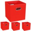 STOREONE 13 Inch Record Cube Organizer Bins,Black Fabric Storage Bins，Foldable Storage Bins Basket with Dual Handles Fabric Organizer Bins and Storage Box，Set of 4,Red