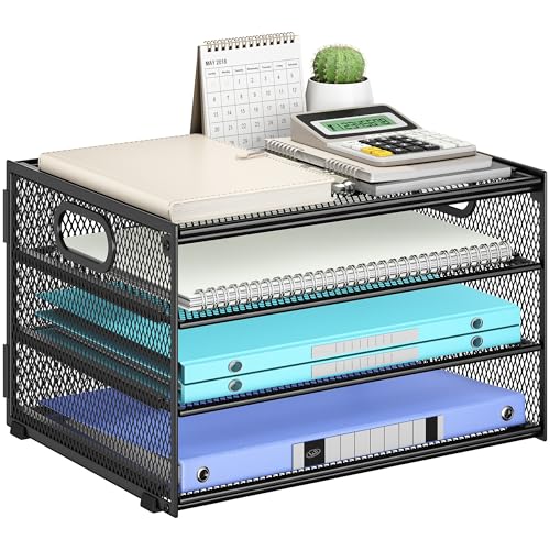 Subekyu Paper Letter Tray Organizer for Desk, Black Metal Mesh Desk File Sorter Organizer with Handle and 2 Sliding Trays for Home Office School Supplies Organization