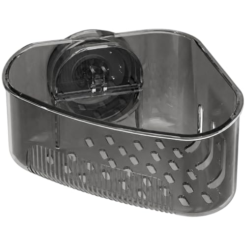 Suction Corner Storage Basket, for Kitchen Sink Bathroom Balcony, Press Install Sink Drainer Basket with Hollow Triangle Design, Heavy Duty PET Sponge Storage Rack, Transparent Black, 1 Pack