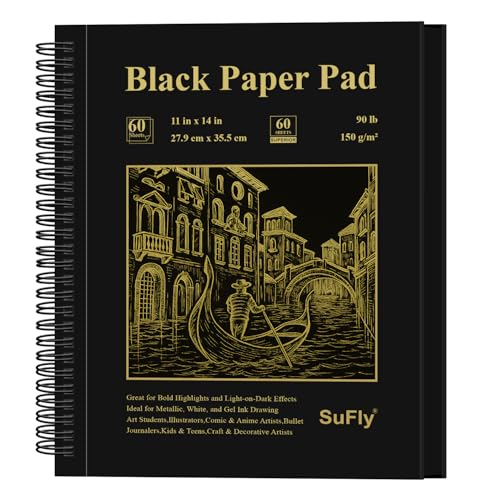 SuFly Black Paper Drawing Pad, 60 Sheets Large Sketch Book 11x14, Spiral Bound - Hardcover,90lb/150gsm Black Paper Notebook for Gel Pens.
