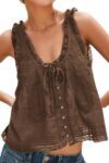 Summer Boho Lace Tie Front Tank Tops Sleeveless Button Flowy Crop Y2K Tops